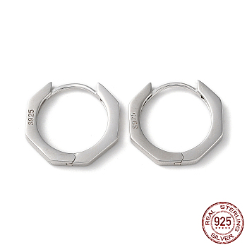 Rhodium Plated 925 Sterling Silver Octagon Hoop Earrings, with S925 Stamp, Real Platinum Plated, 17x18x2mm