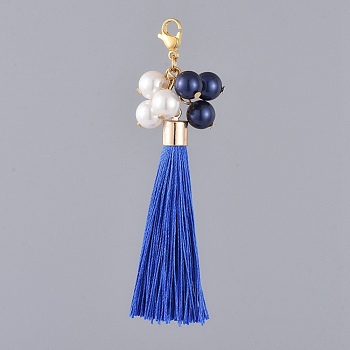 Polyester Tassel Big Pendants, with Shell Pearl Beads, Golden Plated 304 Stainless Steel Lobster Claw Clasps and Brass Flat Head Pin, Blue, 83~86mm