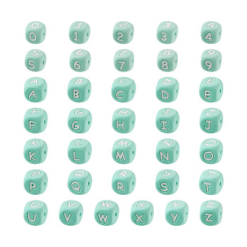 Silicone Beads for Bracelet or Necklace Making, Cube with Letter & Number, Turquoise, 46pcs/box