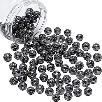 Electroplated Natural Lava Rock Beads, Round, Bumpy, Gunmetal Plated, 10~11mm, Hole: 1mm, 76pcs/box