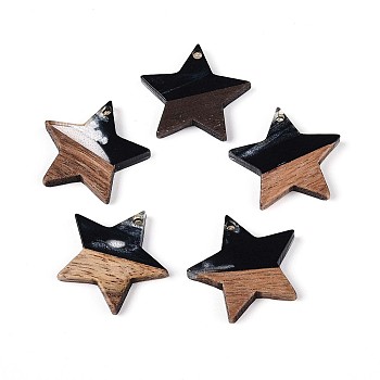 Resin & Walnut Wood Pendants, Star, Black, 20.5x22~22.5x3.5mm, Hole: 1.5mm