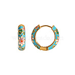 Chinese Retro 304 Stainless Steel Enamel Ring with Flower Pattern Hoop Earrings, Golden, Blue, 15.6x6mm(BB7359-2)