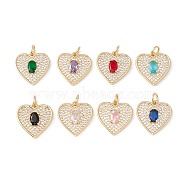 Brass Micro Pave Cubic Zirconia Pendants, with Jump Ring, Cadmium Free & Lead Free, Real 18K Gold Plated, Heart, Mixed Color, 16x15.5x3.5mm, Jump Ring: 5x0.8mm, 3.4mm inner diameter.(KK-E005-35G)