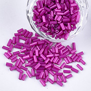 Glass Bugle Beads, Round Hole, Opaque Colours, Magenta, 3~5x1.5~2mm, Hole: 0.8mm, about 15000pcs/bag(SEED-S029-01B-17)