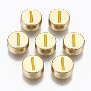 Alloy Enamel Beads, Cadmium Free & Lead Free, Flat Round with Initial Letters, Light Gold, Gold, Letter.I, 8x4mm, Hole: 1.5mm(X-ENAM-S122-029I-RS)
