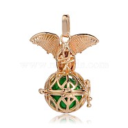 Golden Plated Brass Hollow Round Cage Pendants, with No Hole Spray Painted Brass Beads, Lime Green, 38x31x20mm, Hole: 3x8mm(KK-J252-02G)