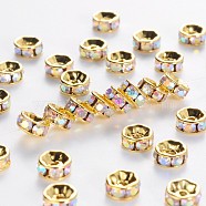 Brass Grade A Rhinestone Spacer Beads, Golden Plated, Rondelle, Nickel Free, Crystal AB, 4x2mm, Hole: 0.8mm(RSB034NF-02G)