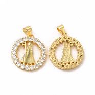 Rack Plating Brass Micro Pave Cubic Zirconia Pendants, Long-Lasting Plated, Cadmium Free & Lead Free, Flat Round with Human Charm, Real 18K Gold Plated, 21.5x19.5x2.5mm, Hole: 4.2x3.5mm(KK-H436-10G)