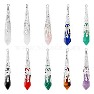 10Pcs 10 Styles Natural & Synthetic Mixed Gemstone Big Pendants, with Silver Tone Iron Bead Cones and Iron Eye Pin, Faceted Pointed Bullet Charm, Mixed Dyed and Undyed, 53~58x9x8mm, Hole: 2mm, 1pc/style(FIND-FH0006-02)