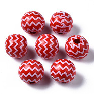 Painted Natural Wood European Beads, Large Hole Beads, Printed, Round with Wave, Red, 16x15mm, Hole: 4mm(WOOD-S057-046)