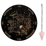 AHADEMAKER 1Pc Wood Pendulum Board, 1Pc 304 Stainless Steel Cable Chain Necklaces, 1Pc Natural Rose Quartz Stone Pendants, for Witchcraft Wiccan Altar Supplies, Rose Pattern, Board: 200x4mm(DIY-GA0005-08C)