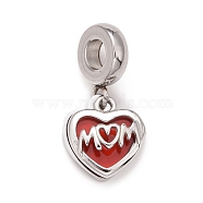 304 Stainless Steel European Dangle Charms, Large Hole Pendants, with Red Enamel, Mother's Day, Heart with Word Mom, Stainless Steel Color, 23mm, Hole: 4mm, Heart: 12x10.5x1~2mm(STAS-I194-07P-02)
