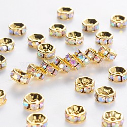Brass Grade A Rhinestone Spacer Beads, Golden Plated, Rondelle, Nickel Free, Crystal AB, 4x2mm, Hole: 0.8mm(RSB034NF-02G)
