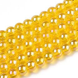 Electroplate Transparent Glass Beads Strands, AB Color Plated, Round, Gold, 4~4.5mm, Hole: 0.8mm, about 97~99pcs/strand, 14.76 inch~14.96 inch(37.5~38cm)(GLAA-T032-T4mm-AB11)