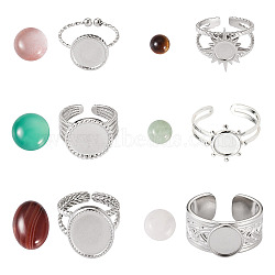 DIY Gemstone Ring Making Kit, Inlcuding Flat Round 304 Stainless Steel Open Cuff Finger Ring Settings, Natural Mixed Stone Half Round Cabochons, 12Pcs/box(DIY-TA0005-21)