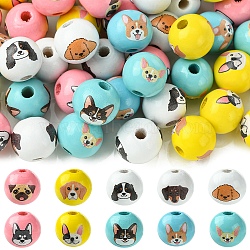 50Pcs 10 Colors Wood European Beads, Round with Mixed Dog Pattern, Mixed Color, 16x15mm, Hole: 4.5mm, 5pcs/color(WOOD-FS0001-26)