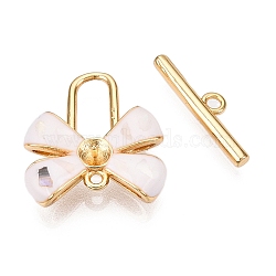 Brass Toggle Clasps, with Enamel & Shell, Bowknot, Real 18K Gold Plated, 17.5x15.5x5mm, Hole: 1.2mm, Bar: 4.5x16.5x2mm, Hole: 1.5mm(KK-N054-154G)