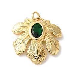 Leaf Rack Plating Brass Pendants, with Glass, Long-Lasting Plated, Lead Free & Cadmium Free, with Jump Ring, Golden, Green, 22x22.5x3.5mm, Hole: 3mm(KK-U022-08B-01)