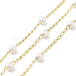 Ion Plating(IP) 316 Surgical Stainless Steel Curb Chains, Glass Pearl Round Charm Chain, Soldered, with Spool, Real 18K Gold Plated, Link: 2x1.5x0.5mm, Round: 4mm(CHS-I019-01A)