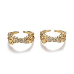 Adjustable Brass Micro Pave Clear Cubic Zirconia Cuff Rings, Open Rings, Criss Cross Rings, X Rings, Long-Lasting Plated, Mariner Link Chain Shape, Real 18K Gold Plated, 1.5~7.5mm, Inner Diameter: 16.4mm(ZIRC-Z002-14G)