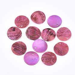 Spray Paint Natural Akoya Shell Pendants, Mother of Pearl Shell Pendants, Flat Round, Hot Pink, 15x1~3mm, Hole: 1.1~1.5mm(SHEL-S274-75C-05)