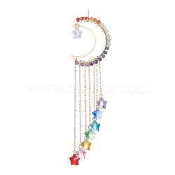 Natural Gemstone & Brass Moon Pendant Decorations, Glass Star Charms and Brass Cable Chain Hanging Ornaments, Colorful, 232mm(HJEW-JM01036)