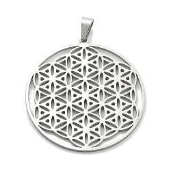 Non-Tarnish 304 Stainless Steel Pendants, Spiritual Charms, Flat Round with Flower of Life/Sacred Geometry, Stainless Steel Color, 42x39x1.2mm, Hole: 8x6mm(STAS-P209-18P)