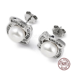 Rhodium Plated 925 Sterling Silver Micro Pave Cubic Zirconia Vortex Stud Earrings for Women, Natural Pearls Beaded Earrings, Platinum, 12x12mm(EJEW-F318-04P)