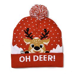 LED Light Up Christmas Acrylic Fibers Yarn Cuffed Beanies Cap, Winter Warmer Knit Hat for Women, with Built-in Battery and Switch, Deer, 285x240x13.5mm, Inner Diameter: 145mm(AJEW-F063-01)