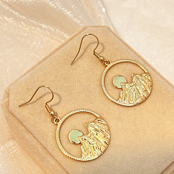 304 Stainless Steel Flat Round with Mountain Dangle Earrings, Real 18K Gold Plated, 44x25mm(EJEW-B122-03G)