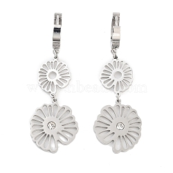 Left and Right Hollow Flower 304 Stainless Steel Dangle Earrings, Rhinestone Hoop Earrings for Women, Stainless Steel Color, 55x18mm(EJEW-L283-089P)