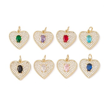 Brass Micro Pave Cubic Zirconia Pendants, with Jump Ring, Cadmium Free & Lead Free, Real 18K Gold Plated, Heart, Mixed Color, 16x15.5x3.5mm, Jump Ring: 5x0.8mm, 3.4mm inner diameter.