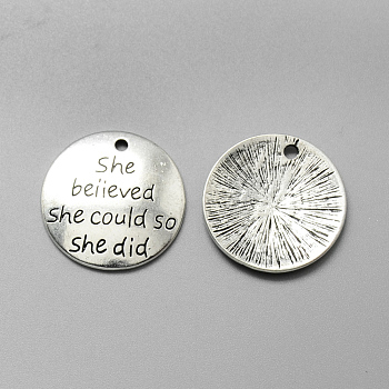 Tibetan Style Alloy Quote Pendants, Flat Round, Cadmium Free & Lead Free, Antique Silver, 23x2mm, Hole: 2mm