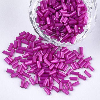 Glass Bugle Beads, Round Hole, Opaque Colours, Magenta, 3~5x1.5~2mm, Hole: 0.8mm, about 15000pcs/bag