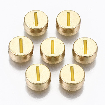 Alloy Enamel Beads, Cadmium Free & Lead Free, Flat Round with Initial Letters, Light Gold, Gold, Letter.I, 8x4mm, Hole: 1.5mm