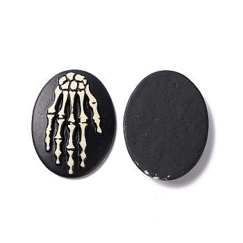 Halloween Cameos Opaque Resin Cabochons, Oval, Black, Skeleton Hand Pattern, 37x27.5x5.5mm