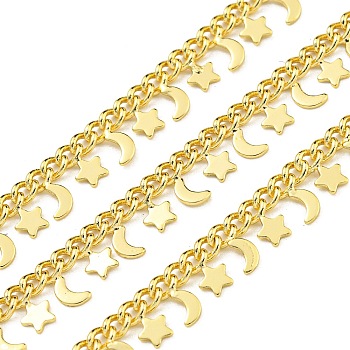 Brass Link Chains, Soldered, with Spool, Cadmium Free & Lead Free, Moon & Star, Real 18K Gold Plated, 6~6.5mm