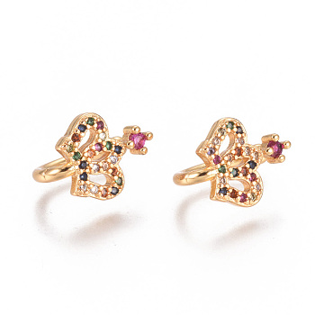 Golden Plated Brass Micro Pave Cubic Zirconia Cuff Earrings, Long-Lasting Plated, Crown, Colorful, 12.5x8.5x1.5~2.5mm