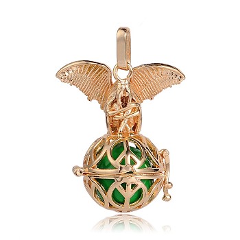 Golden Plated Brass Hollow Round Cage Pendants, with No Hole Spray Painted Brass Beads, Lime Green, 38x31x20mm, Hole: 3x8mm