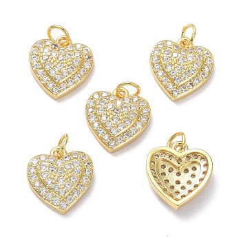 Brass Micro Pave Clear Cubic Zirconia Charms, with Jump Ring, Long-Lasting Plated, Heart, Real 18K Gold Plated, 14x13x4mm, Jump Rings: 5x1mm, 3mm Inner Diameter