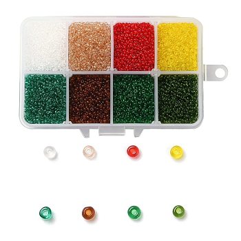 200G 8 Colors 12/0 Grade A Round Glass Seed Beads, Transparent Colours, Mixed Color, 2x1.5mm, Hole: 0.8mm, 25g/color, about 13300pcs/box