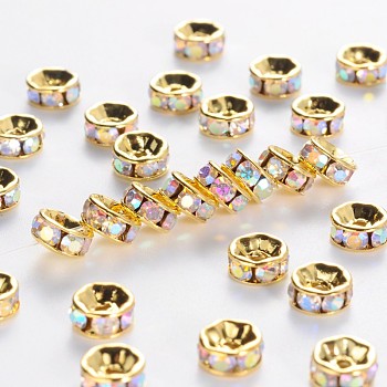 Brass Grade A Rhinestone Spacer Beads, Golden Plated, Rondelle, Nickel Free, Crystal AB, 4x2mm, Hole: 0.8mm