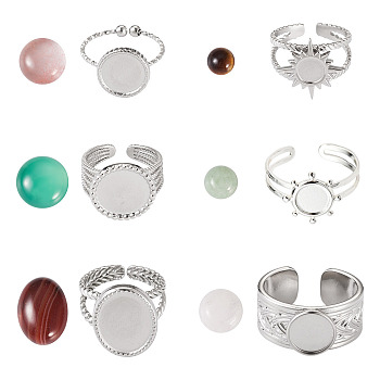 DIY Gemstone Ring Making Kit, Inlcuding Flat Round 304 Stainless Steel Open Cuff Finger Ring Settings, Natural Mixed Stone Half Round Cabochons, 12Pcs/box