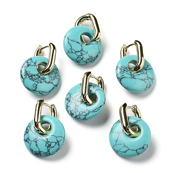Rack Plating Brass Hoop Earrings, with Synthetic Turquoise, Long-Lasting Plated, Cadmium Free & Lead Free, Donut/Pi Disc, 27mm