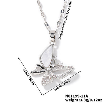 Fashionable Brass Rhinestone Butterfly Pendant Dapped Chain Necklaces for Women, Elegant and Stylish Statement Piece, Platinum, 15.75 inch(40cm)