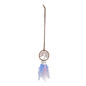 Iron Woven Web/Net with Feather Pendant Decorations, with Plastic, Strawberry Quartz, Aquamarine Beads, Covered with Leather & Brass Cord, Flat Round with Tree of Life, Colorful, 330~525mm