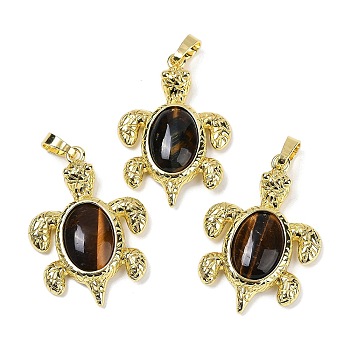 Natural Tiger Eye & Brass Pendants, Rack Plating, Cadmium Free & Lead Free, Sea Turtle Shaped, 38x27.5x7mm, Hole: 8x5mm