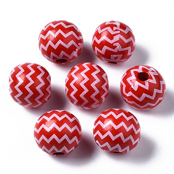 Painted Natural Wood European Beads, Large Hole Beads, Printed, Round with Wave, Red, 16x15mm, Hole: 4mm