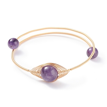 Natural Amethyst Round Beaded Bangle, Adjustable Copper Wire Torque Bangle for Women, Golden, Inner Diameter: 2 inch(5.2cm)