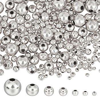 550Pcs 7 Style 304 Stainless Steel Beads, Round, Stainless Steel Color, 3x2.7~3mm, Hole: 1mm